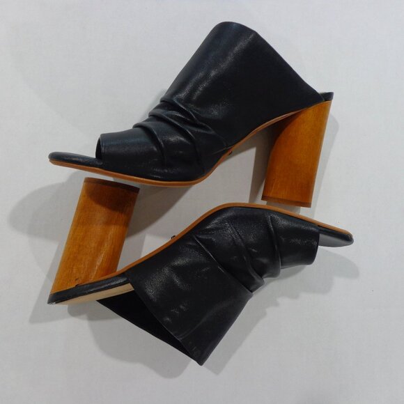 Gianni Bini Women's Leather‎ Peep Toe 4" Wooden Heels Black Shoes Mules Size 10M - Picture 5 of 7